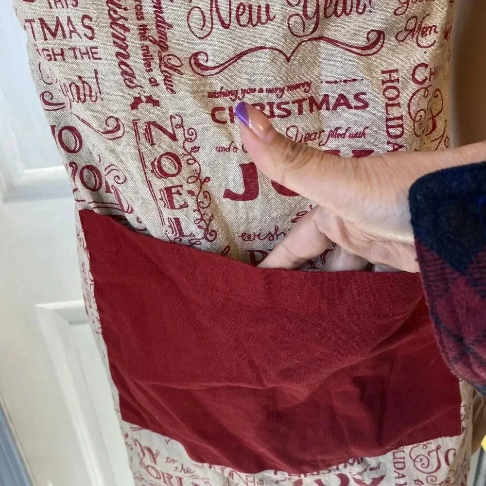 VTG Christmas Holiday Bib Apron Sz 26”x32” w/Pocket Red Tan Love Joy Cottagecore